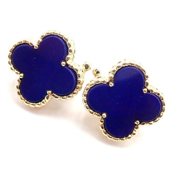Van Cleef & Arpels 18k Yellow Gold Vintage Alhambra Blue Lapis Earrings Paper - Picture 11 of 12
